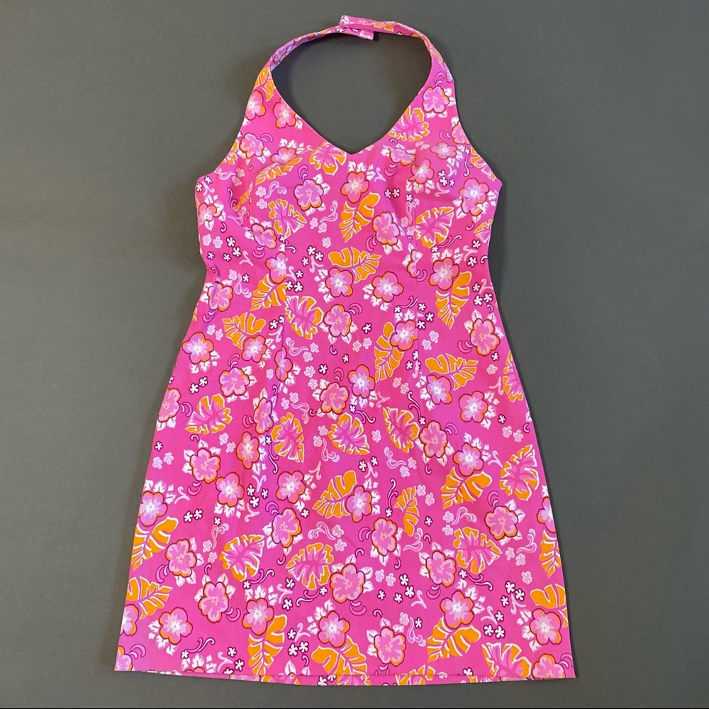 Hot pink floral halter dress